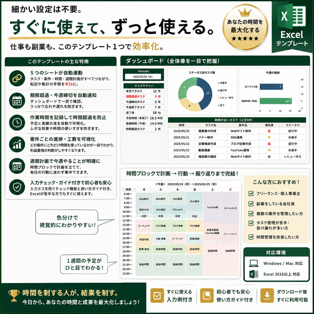 【フリーランス・個人事業主向け】仕事・副業タスク&案件管理Excel|期限・進捗・作業時間・週間計画を自動管理