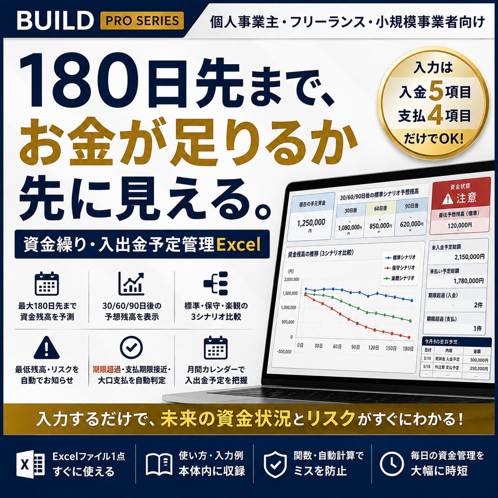 資金繰り・入出金予定管理Excel｜180日先の資金残高を3シナリオで自動予測【BUILD PRO】