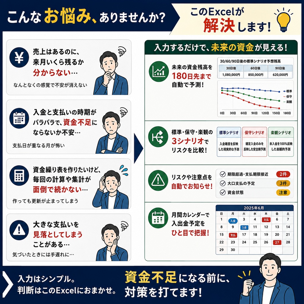 資金繰り・入出金予定管理Excel|180日先の資金残高を3シナリオで自動予測【BUILD PRO】