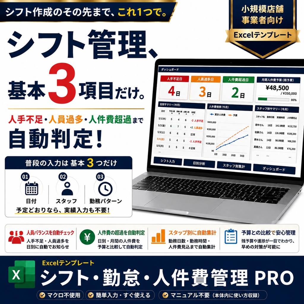 シフト・勤怠・人件費管理Excel｜3項目入力で人手不足・人員過多・予算超過を自動判定