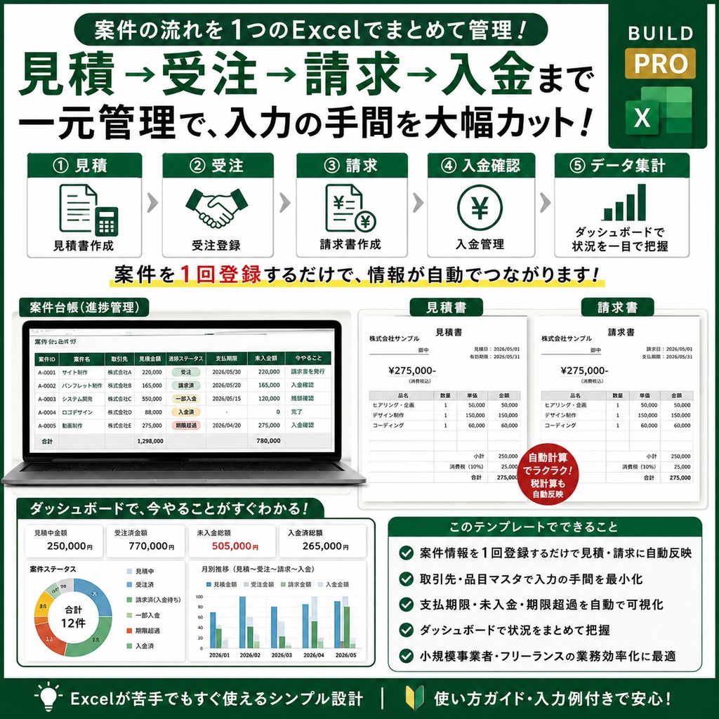 見積・受注・請求・入金管理Excel|案件を1回登録して入金まで一元管理【BUILD PRO】