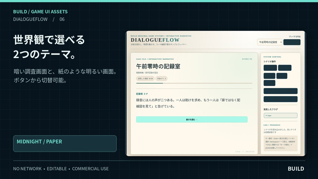 【無料体験版あり】会話分岐・選択肢UIキット|フラグ管理&シナリオ編集ツール付|ホラー・探索ADV・ノベルゲーム向け|DIALOGUEFLOW
