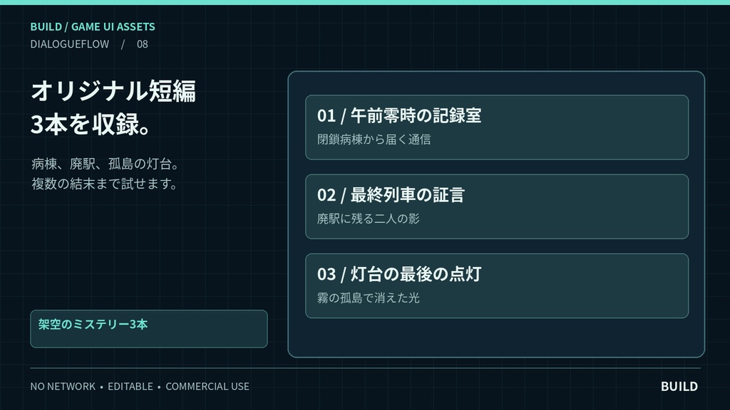 【無料体験版あり】会話分岐・選択肢UIキット|フラグ管理&シナリオ編集ツール付|ホラー・探索ADV・ノベルゲーム向け|DIALOGUEFLOW