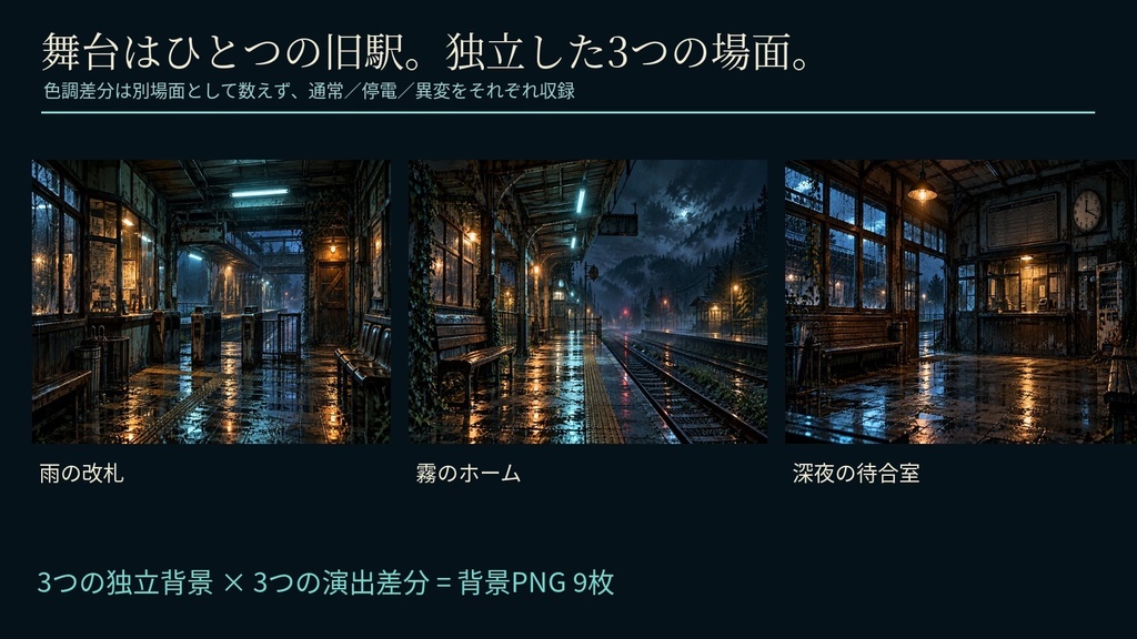【無料あり】ココフォリア・TRPG部屋素材|旧駅ホラー背景3場面+1〜4PL卓レイアウト・調査カード|NIGHTPLATFORM