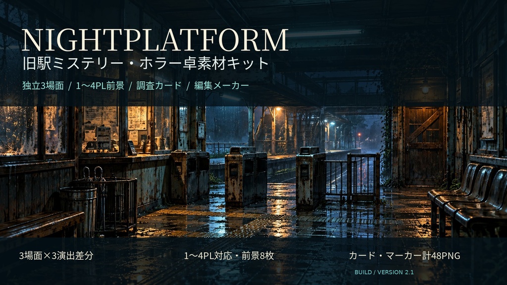 【無料あり】ココフォリア・TRPG部屋素材|旧駅ホラー背景3場面+1〜4PL卓レイアウト・調査カード|NIGHTPLATFORM