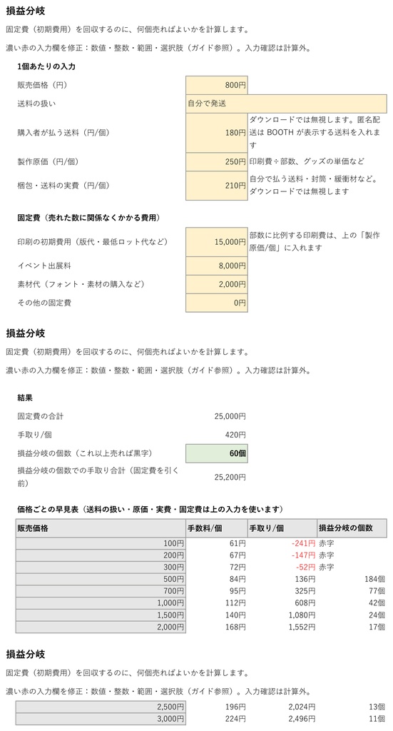 BOOTHで売る人のための 価格と手数料の計算シート