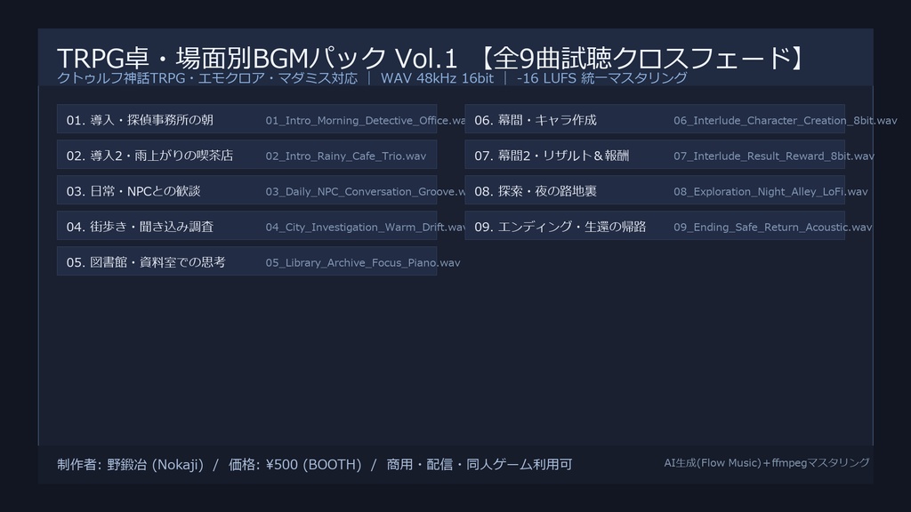 【BGM素材】TRPG卓・場面別BGMパック Vol.1（全9曲 / 音量統一・商用＆配信利用可）