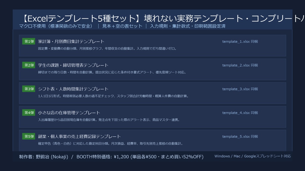 【実務直結Excel 5本パック】月次資金繰り・請求自動集計・簡易CRM・在庫出納・タスク進捗台帳