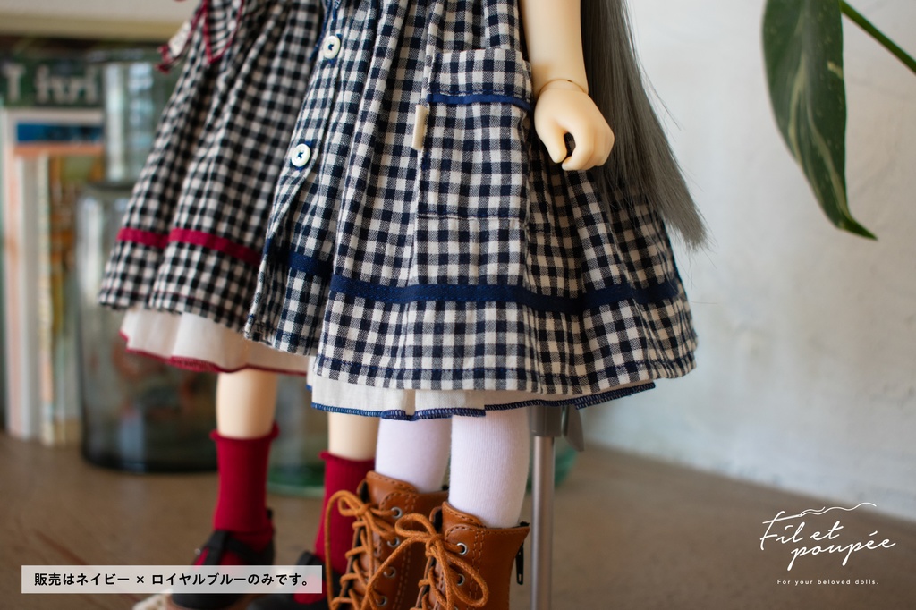1/4ドール 🧵LOVE♡GINGHAM Open collar one-piece set ネイビー×ロイヤルブルー