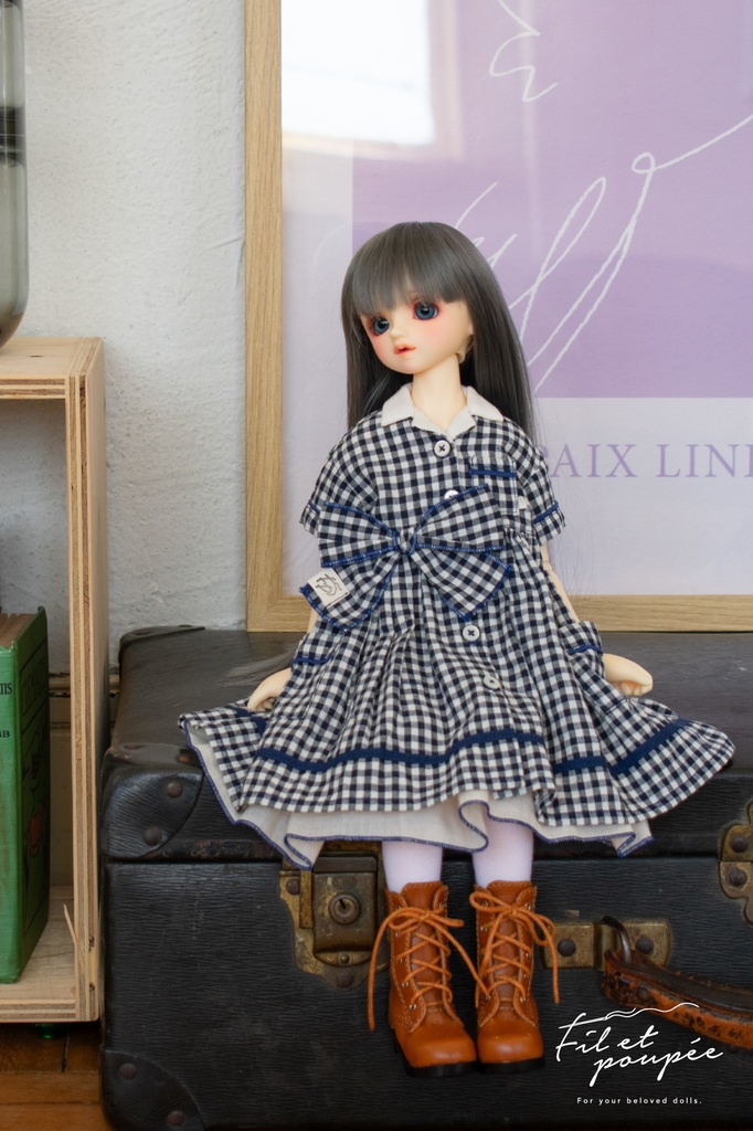 1/4ドール 🧵LOVE♡GINGHAM Open collar one-piece set ネイビー×ロイヤルブルー
