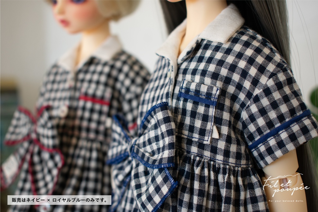 1/4ドール 🧵LOVE♡GINGHAM Open collar one-piece set ネイビー×ロイヤルブルー