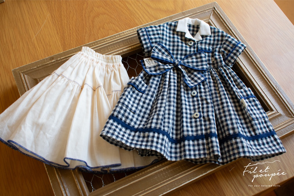 1/4ドール 🧵LOVE♡GINGHAM Open collar one-piece set ネイビー×ロイヤルブルー