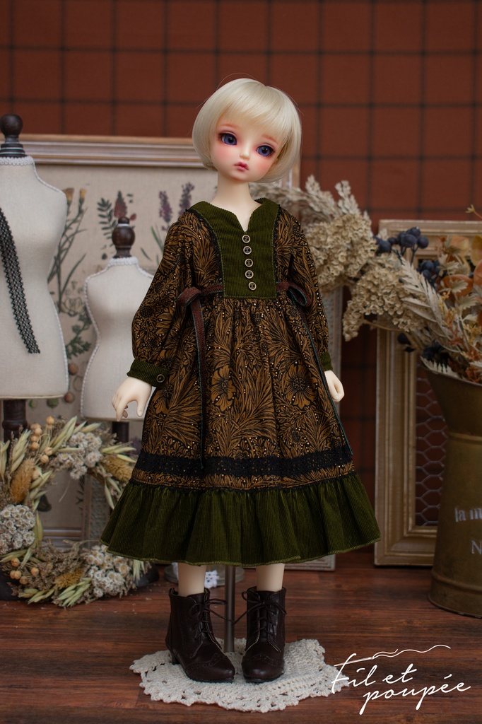 1/4ドール 🧵British Vintage textile dress🪡ブラウン×オリーブ