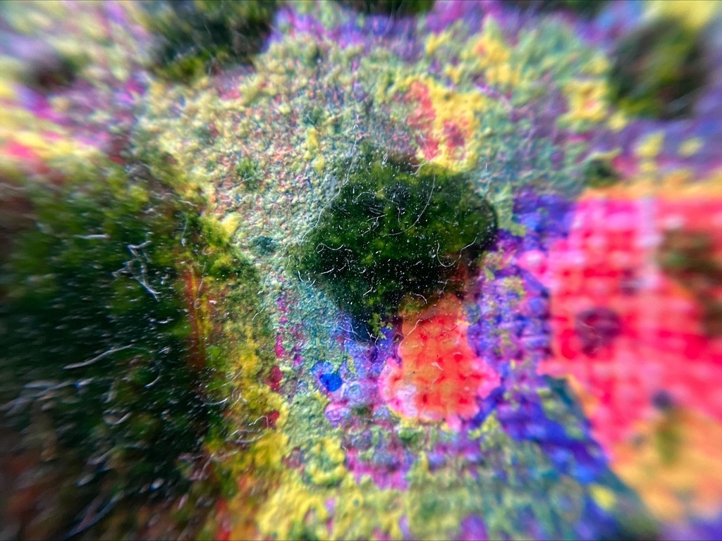 ピンクや青の斑点の上に大きなたらし込み