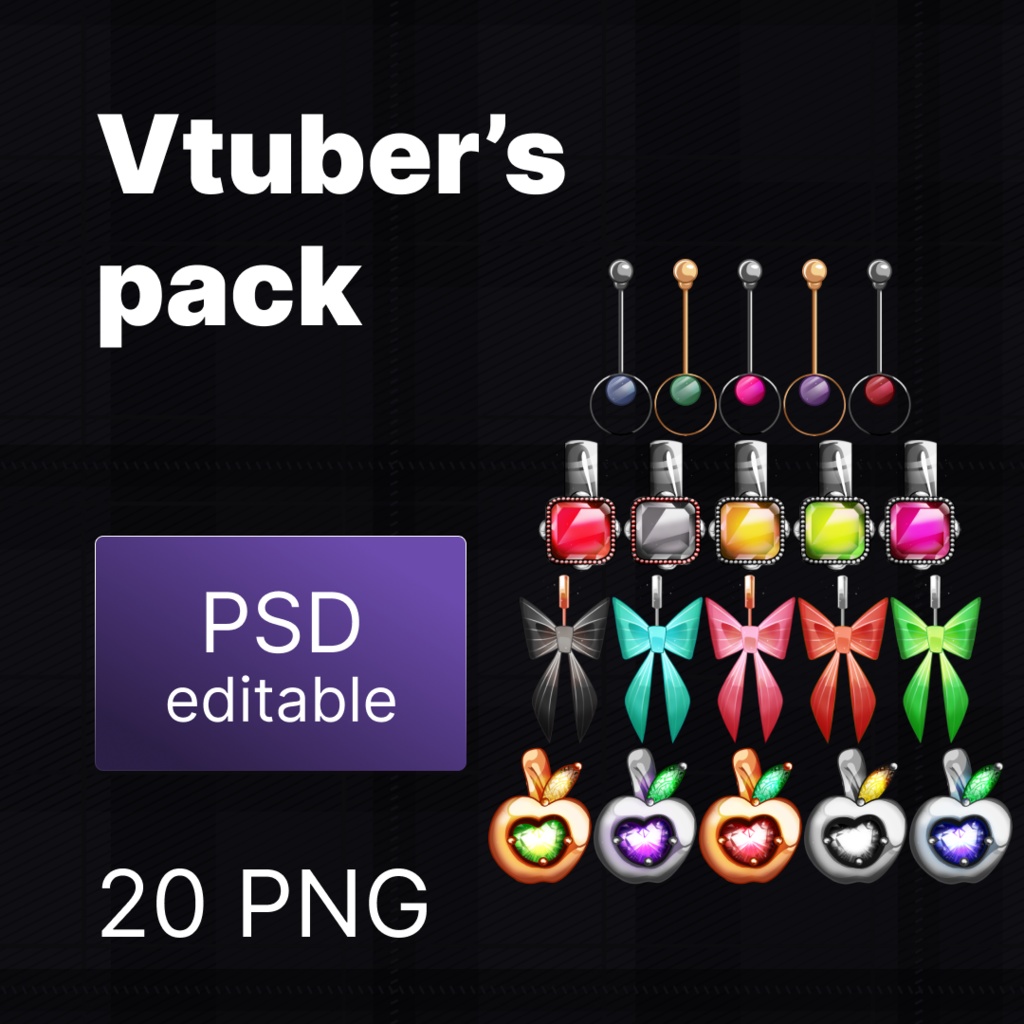 VTuber用 アクセサリー PNG素材パック（20点＋PSD）
