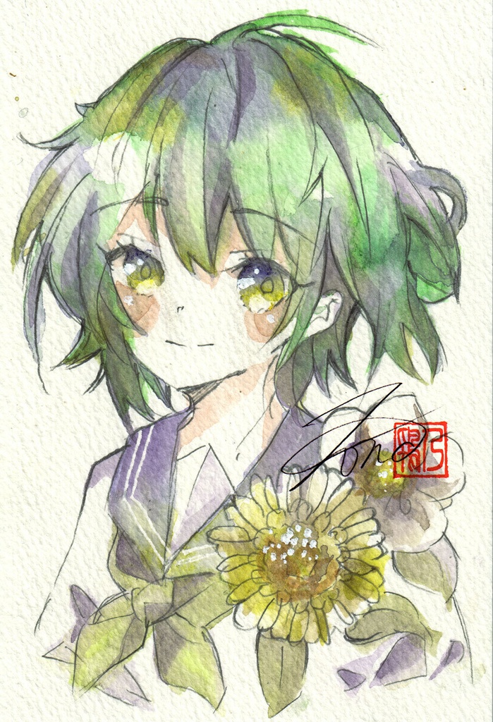 【透明水彩原画】花とセーラー服-3