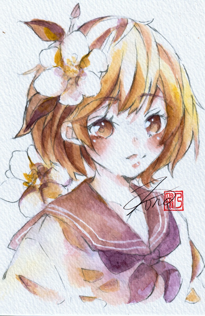 【透明水彩原画】花とセーラー服-4【3色縛り】