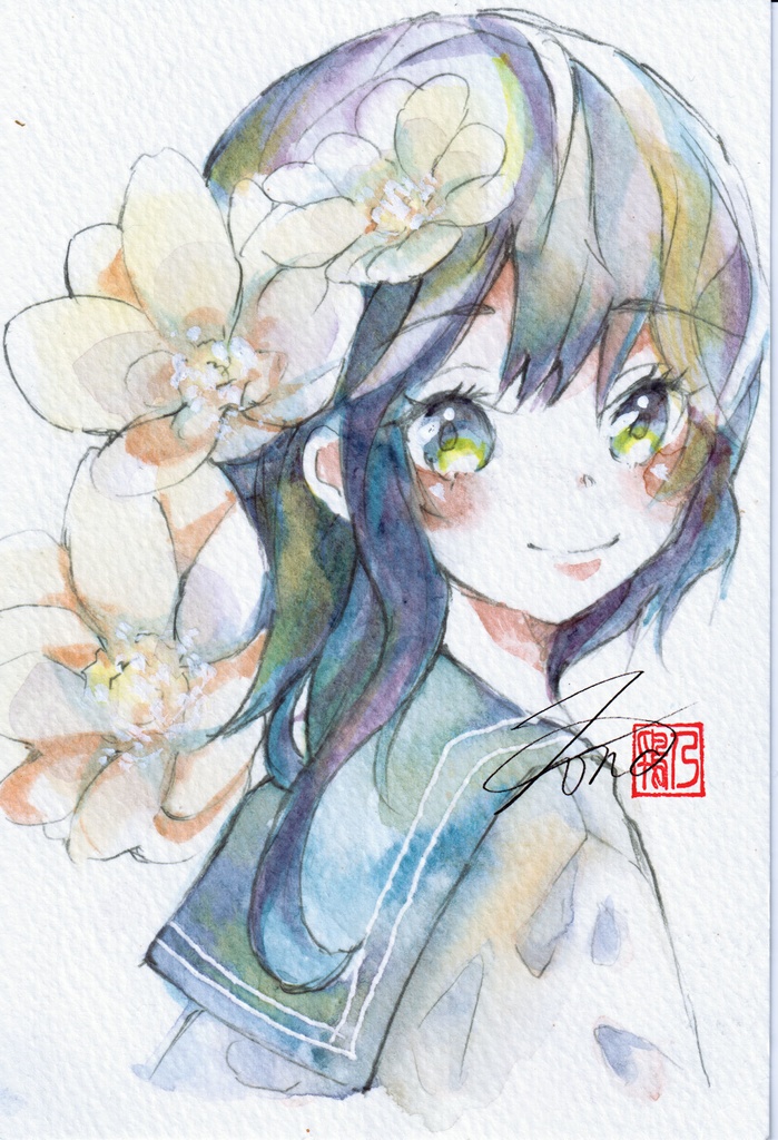 【透明水彩原画】花とセーラー服-５【4色縛り】