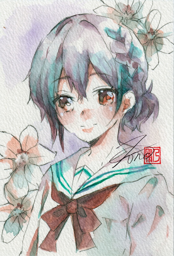 【透明水彩原画】花とセーラー服-7【3色縛り】