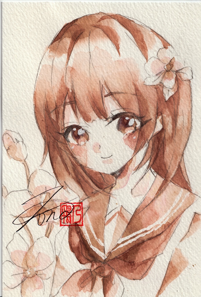 【透明水彩原画】花とセーラー服-8【3色縛り】