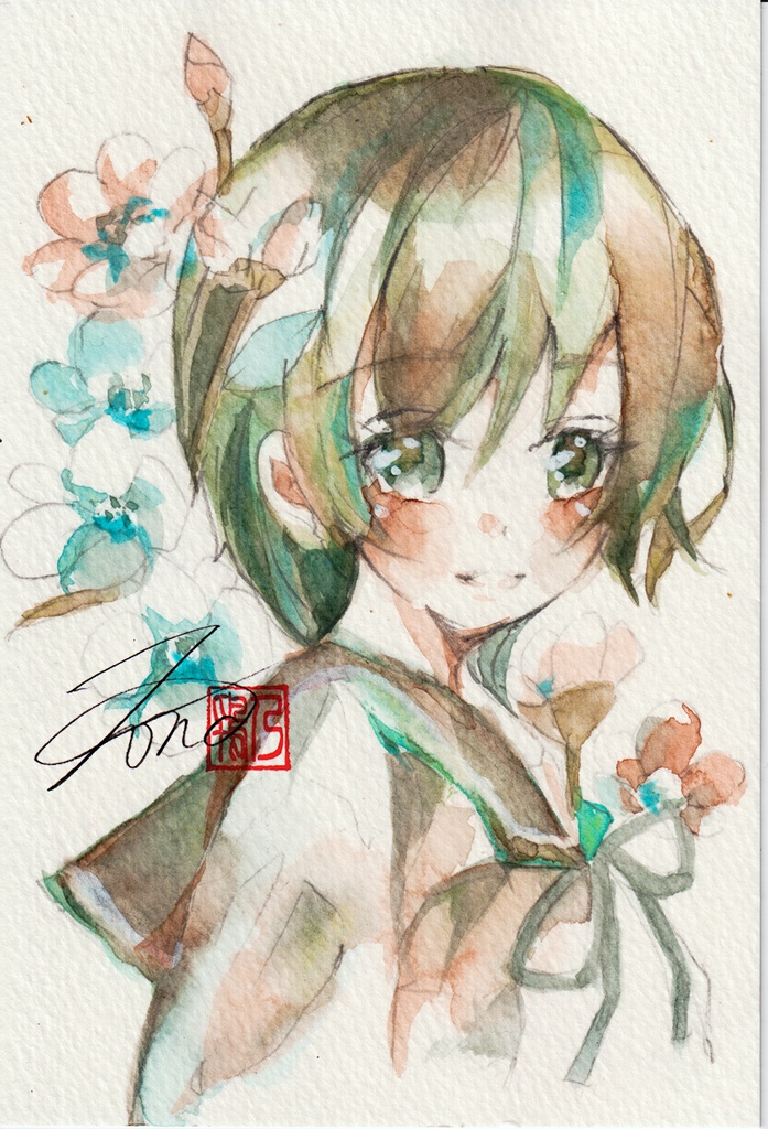 【透明水彩原画】花とセーラー服-9【3色縛り】