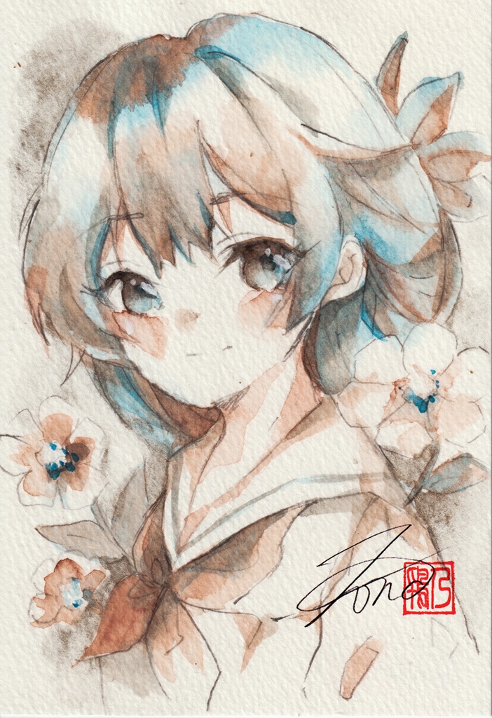【透明水彩原画】花とセーラー服-10【3色縛り】