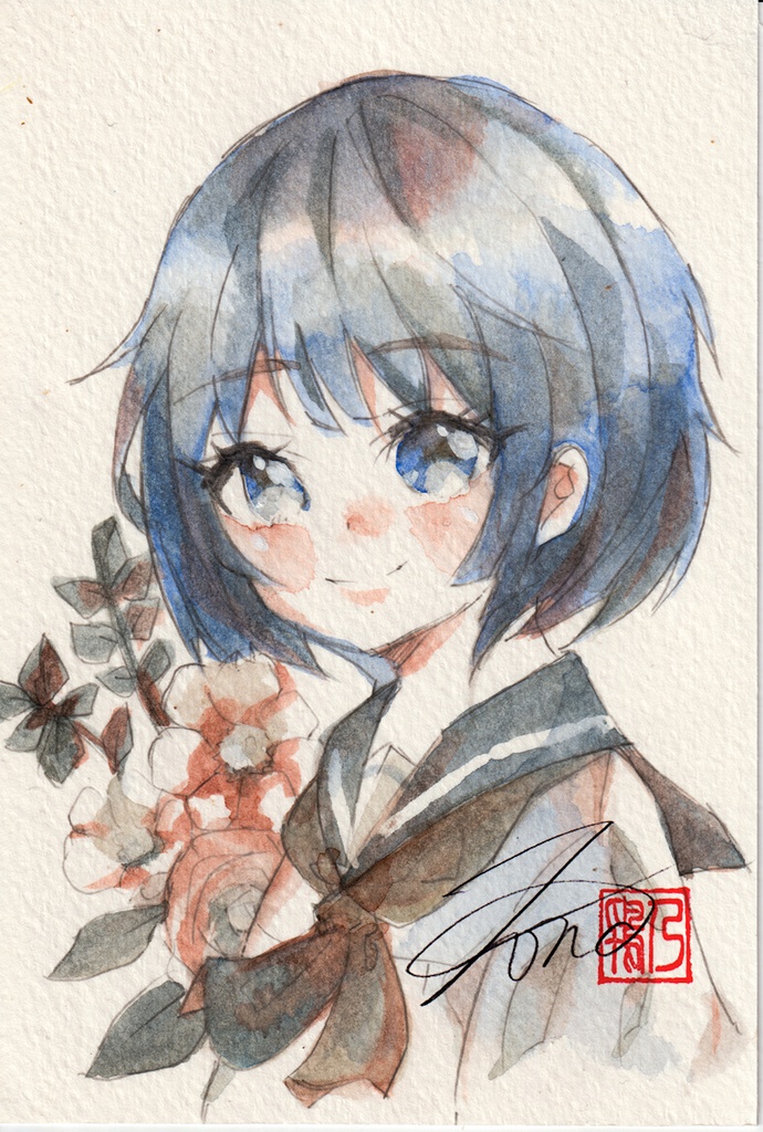【透明水彩原画】花とセーラー服-12【3色縛り】