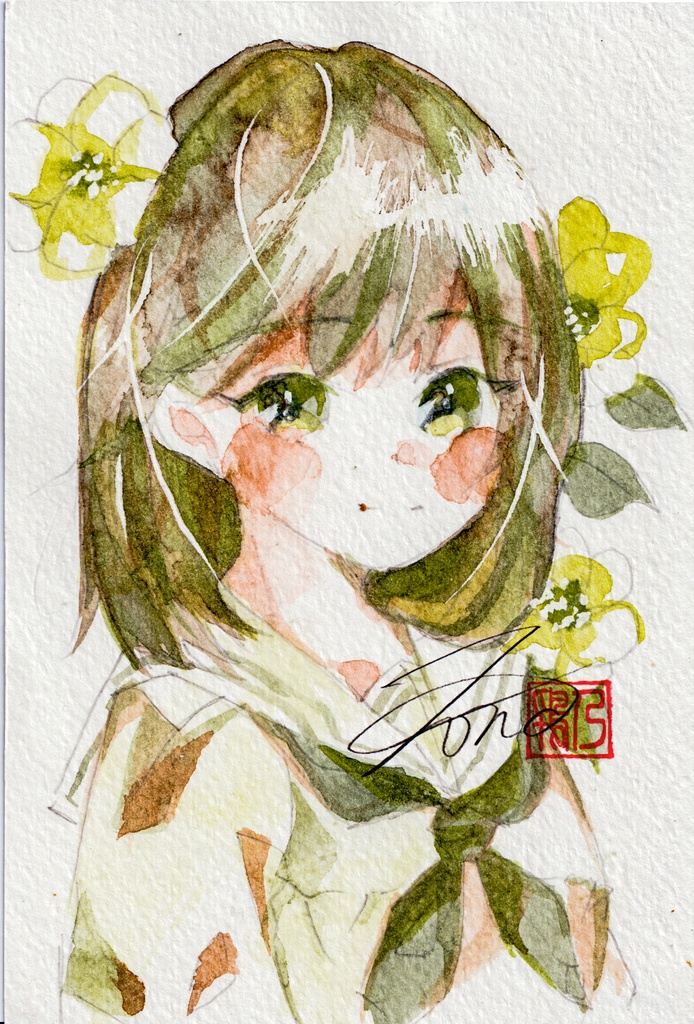 【透明水彩原画】花とセーラー服-13【3色縛り】