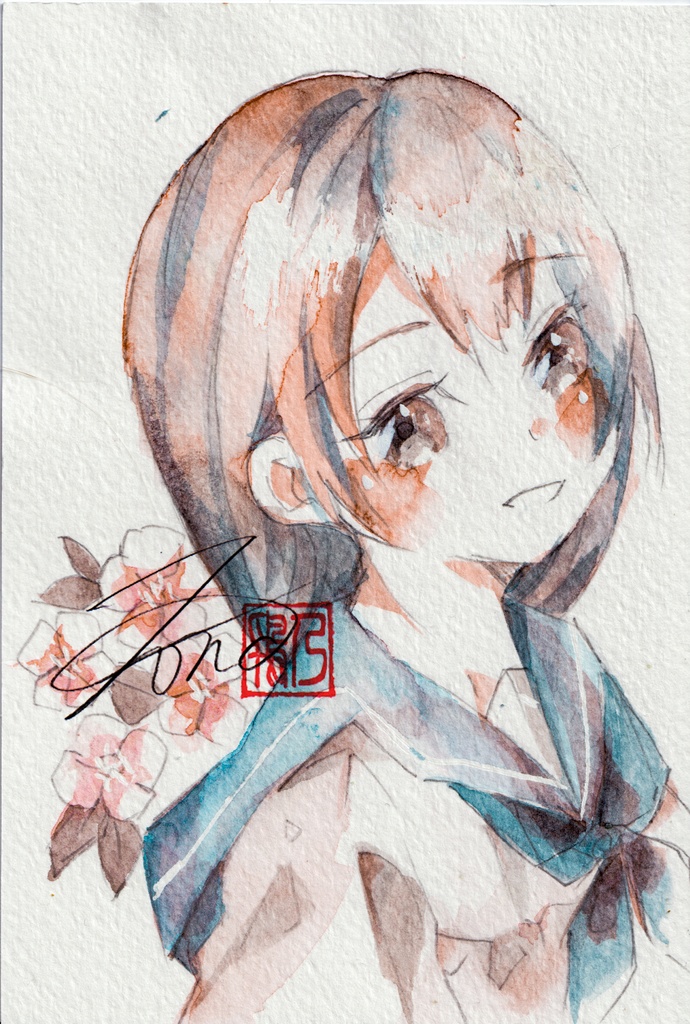 【透明水彩原画】花とセーラー服-14【3色縛り】
