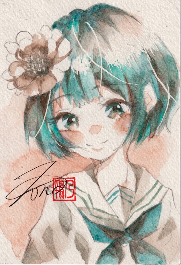 【透明水彩原画】花とセーラー服-15【3色縛り】