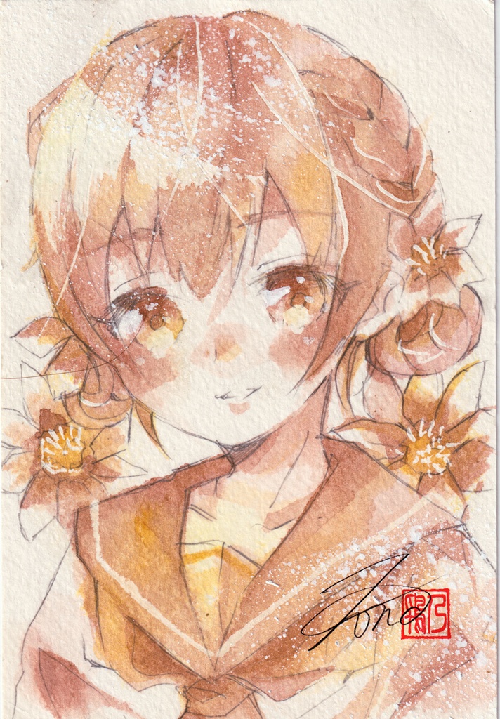 【透明水彩原画】花とセーラー服-16【3色縛り】