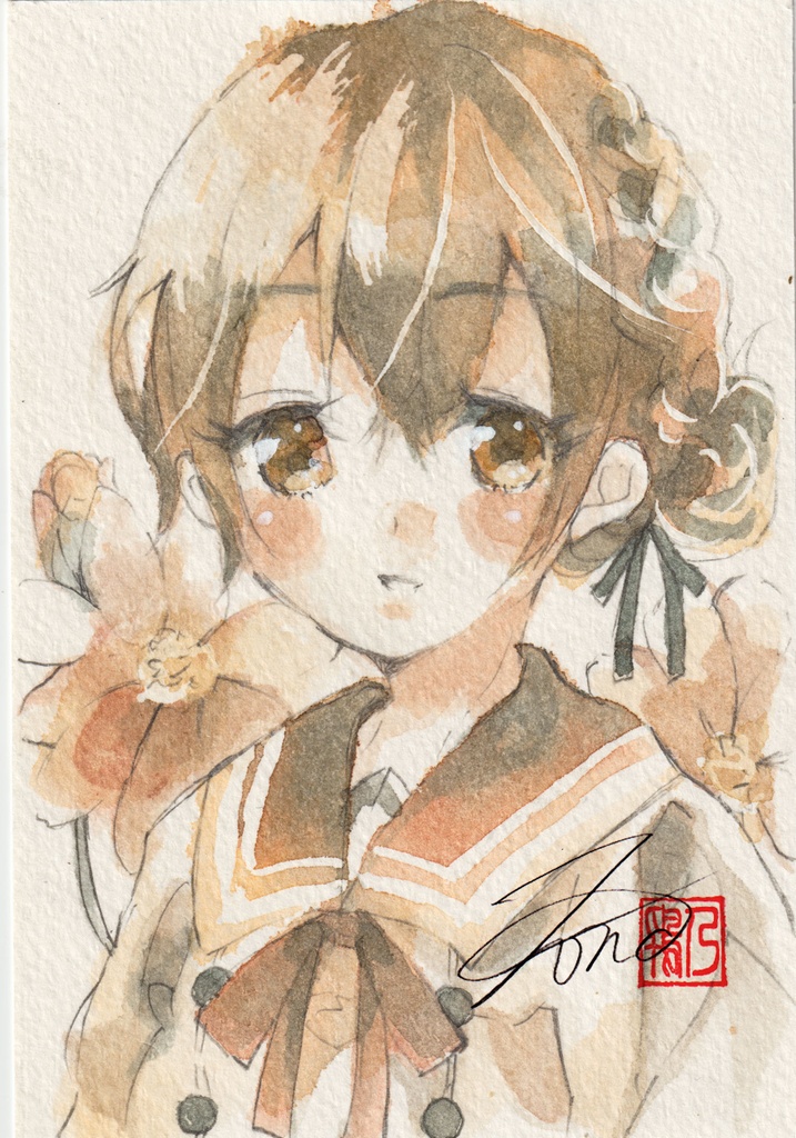 【透明水彩原画】花とセーラー服-17【3色縛り】