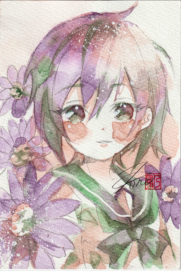 【透明水彩原画】花とセーラー服-18【3色縛り】