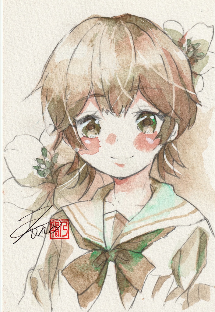 【透明水彩原画】花とセーラー服-19【3色縛り】