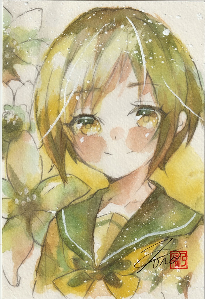【透明水彩原画】花とセーラー服-20【3色縛り】