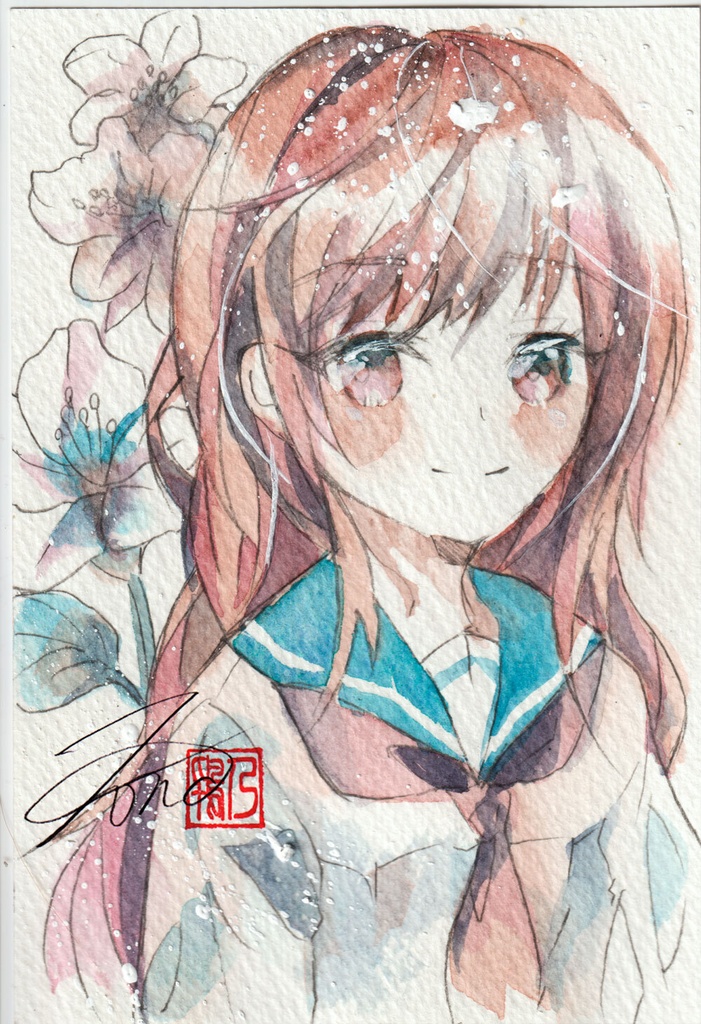 【透明水彩原画】花とセーラー服-21【3色縛り】