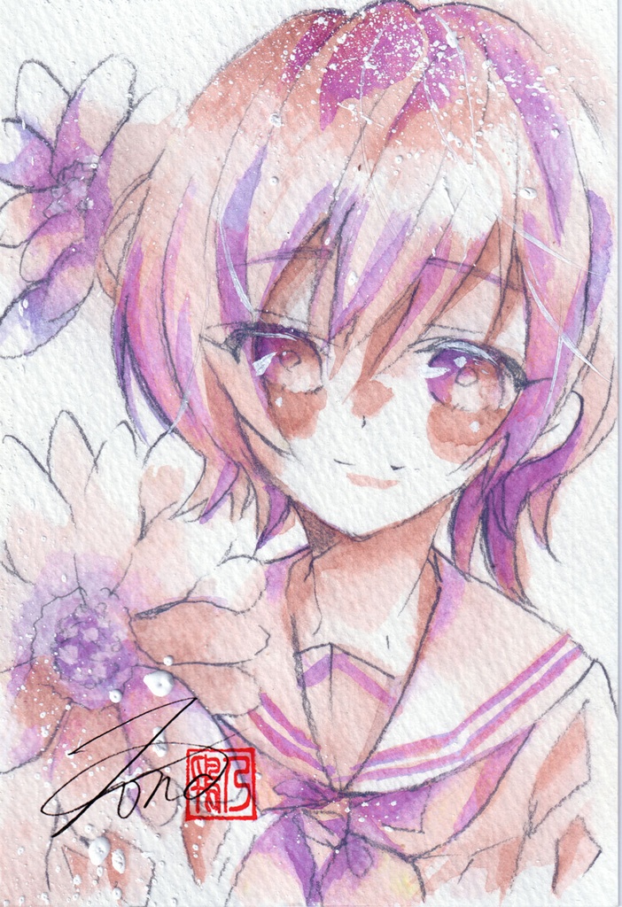 【透明水彩原画】花とセーラー服-22【3色縛り】