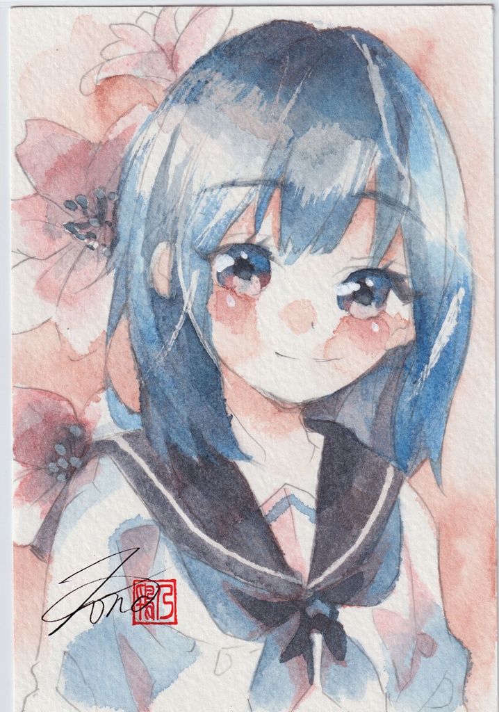 【透明水彩原画】花とセーラー服-23【3色縛り】