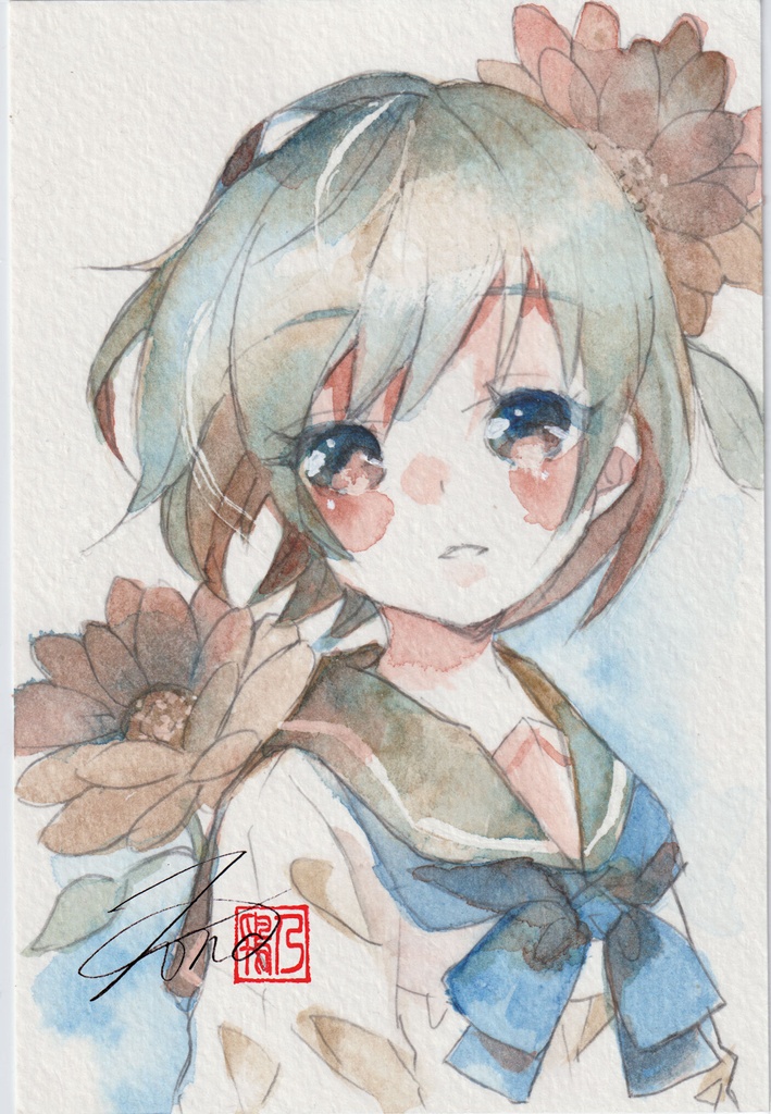 【透明水彩原画】花とセーラー服-24【3色縛り】