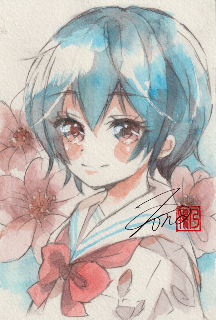 【透明水彩原画】花とセーラー服-26【3色縛り】