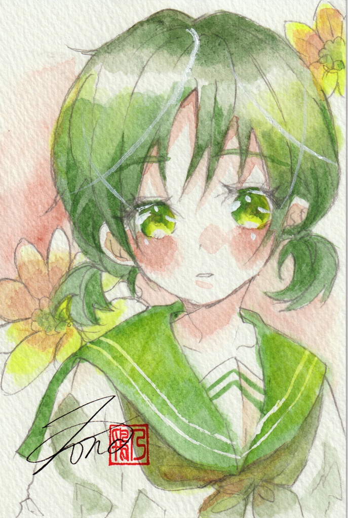 【透明水彩原画】花とセーラー服-27【3色縛り】