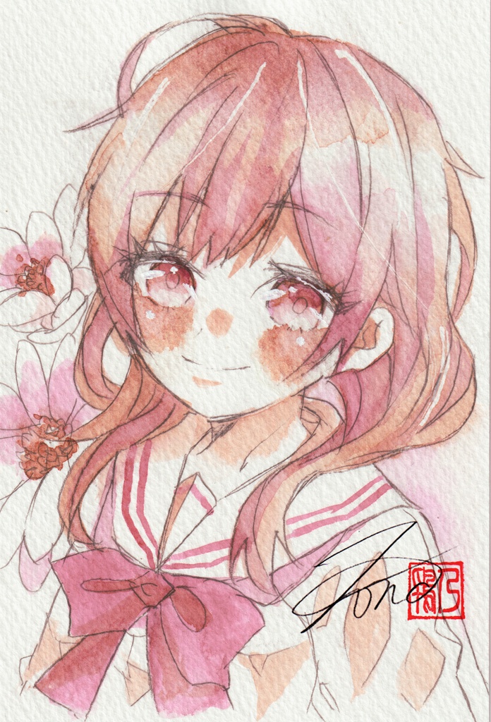 【透明水彩原画】花とセーラー服-28【3色縛り】