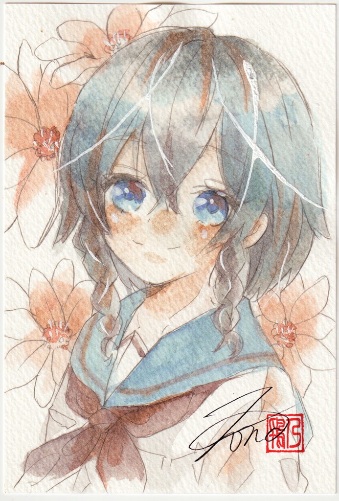 【透明水彩原画】花とセーラー服-29【3色縛り】