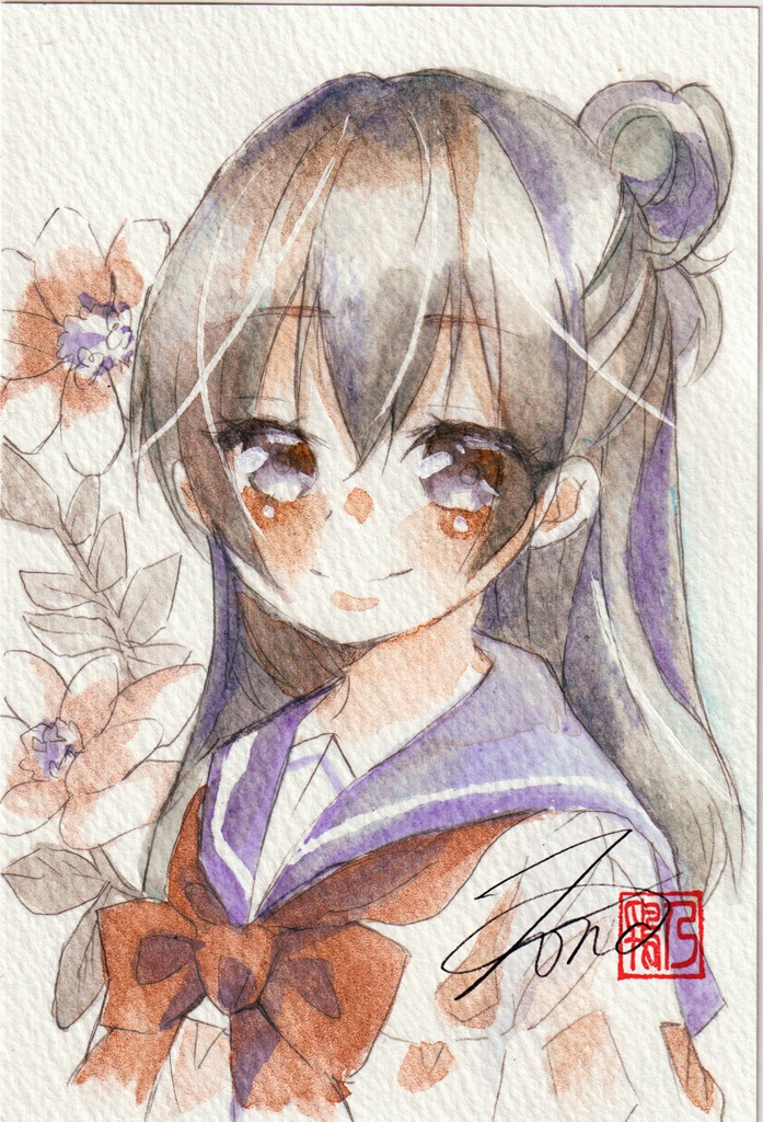 【透明水彩原画】花とセーラー服-30【3色縛り】