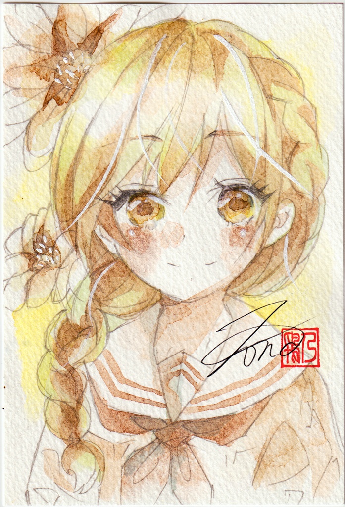 【透明水彩原画】花とセーラー服-31【3色縛り】