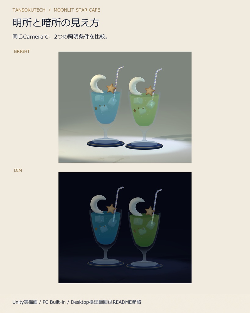 【VRChat向け3D小物/PCワールド用】夜ふかし星喫茶 三日月クリームソーダ|Blue & Melon Green 2色セット