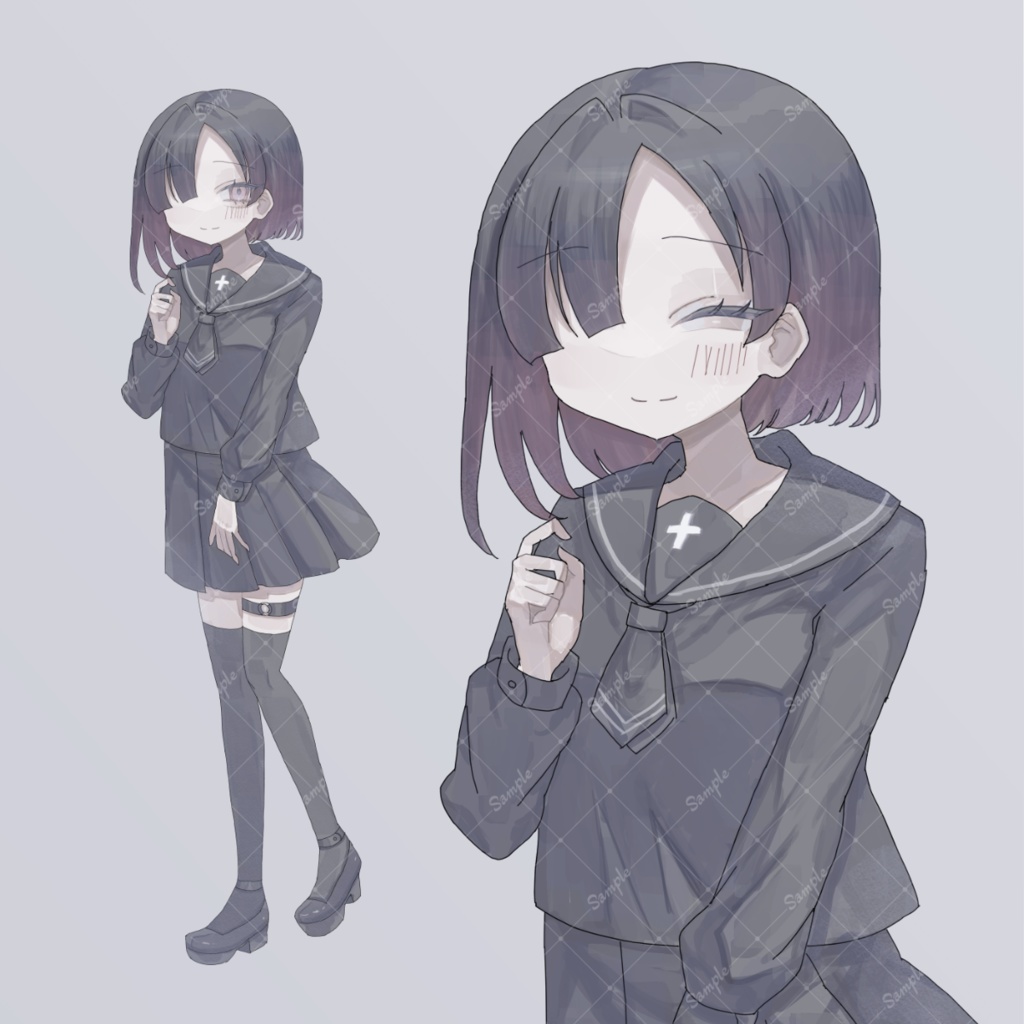 【表情差分7種】訳ありそうな黒髪セーラー服の女の子の立ち絵 女子高生 全身イラスト 素材【無料版あり】 