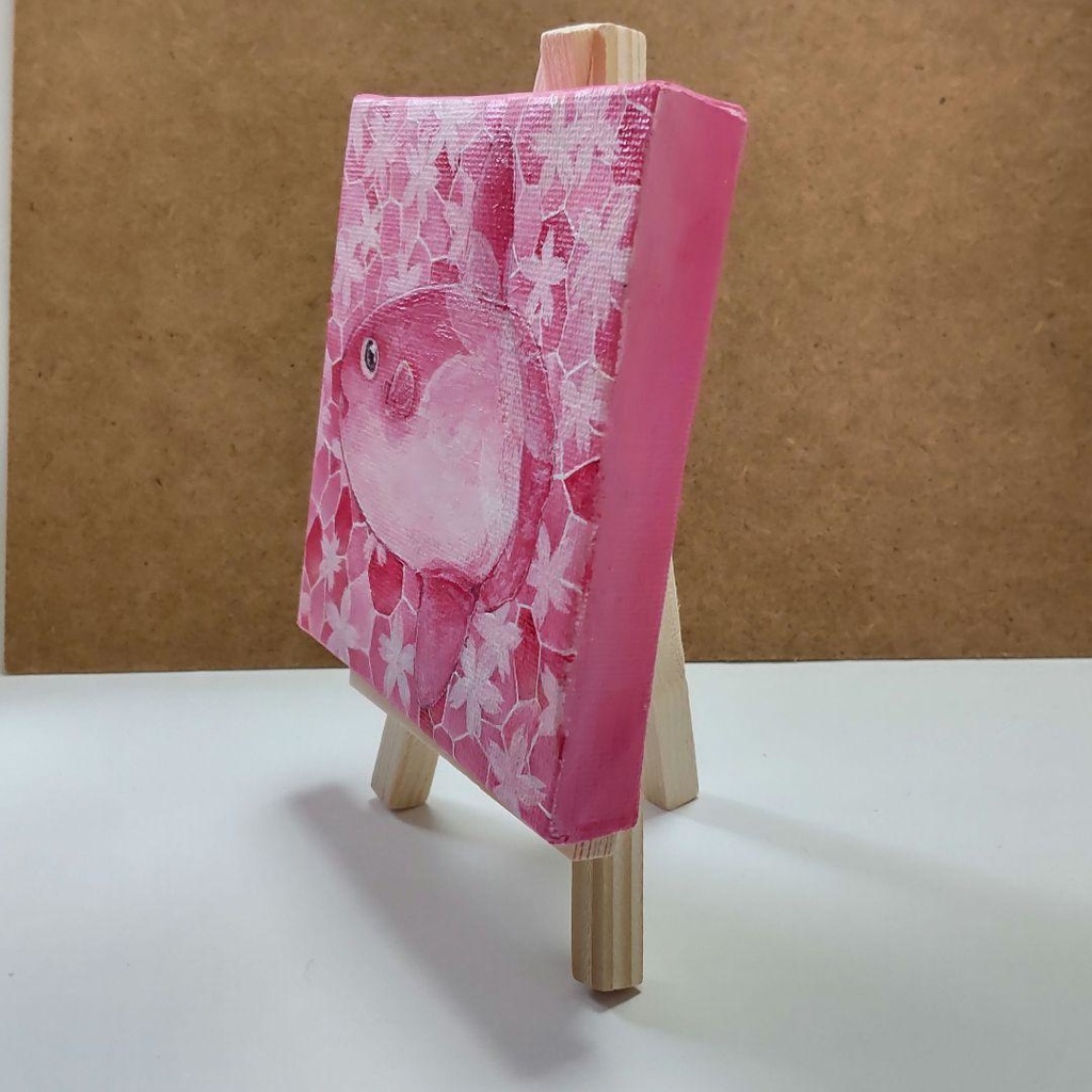 アクリル絵の具原画 春マンボウ(ミニキャンバス 10×10cm)イーゼル付き