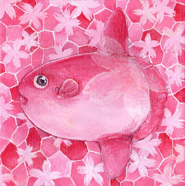 アクリル絵の具原画　春マンボウ（ミニキャンバス　10×10ｃｍ）イーゼル付き
