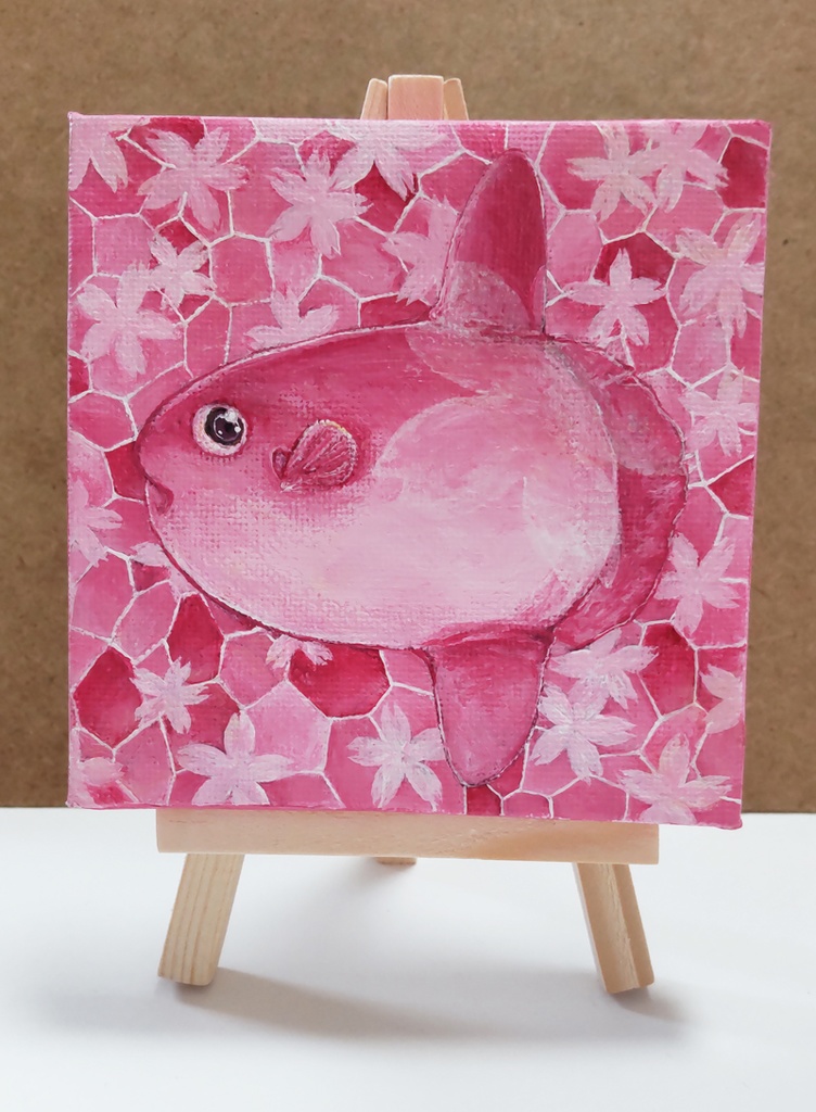 アクリル絵の具原画　春マンボウ（ミニキャンバス　10×10ｃｍ）イーゼル付き